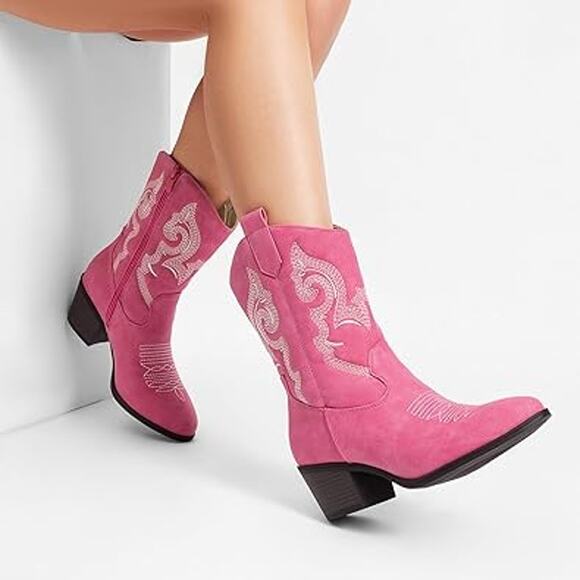 Dream Pairs Womens 8.5 Faux Pink Leather 2.25" Block Heel Mid Calf Cowboy Boots - Picture 5 of 8